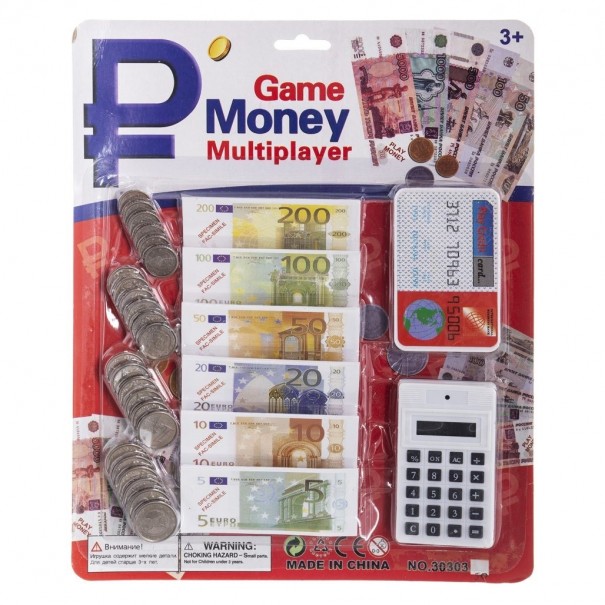 Monedas y billetes con calculadora y tarjeta de juguete